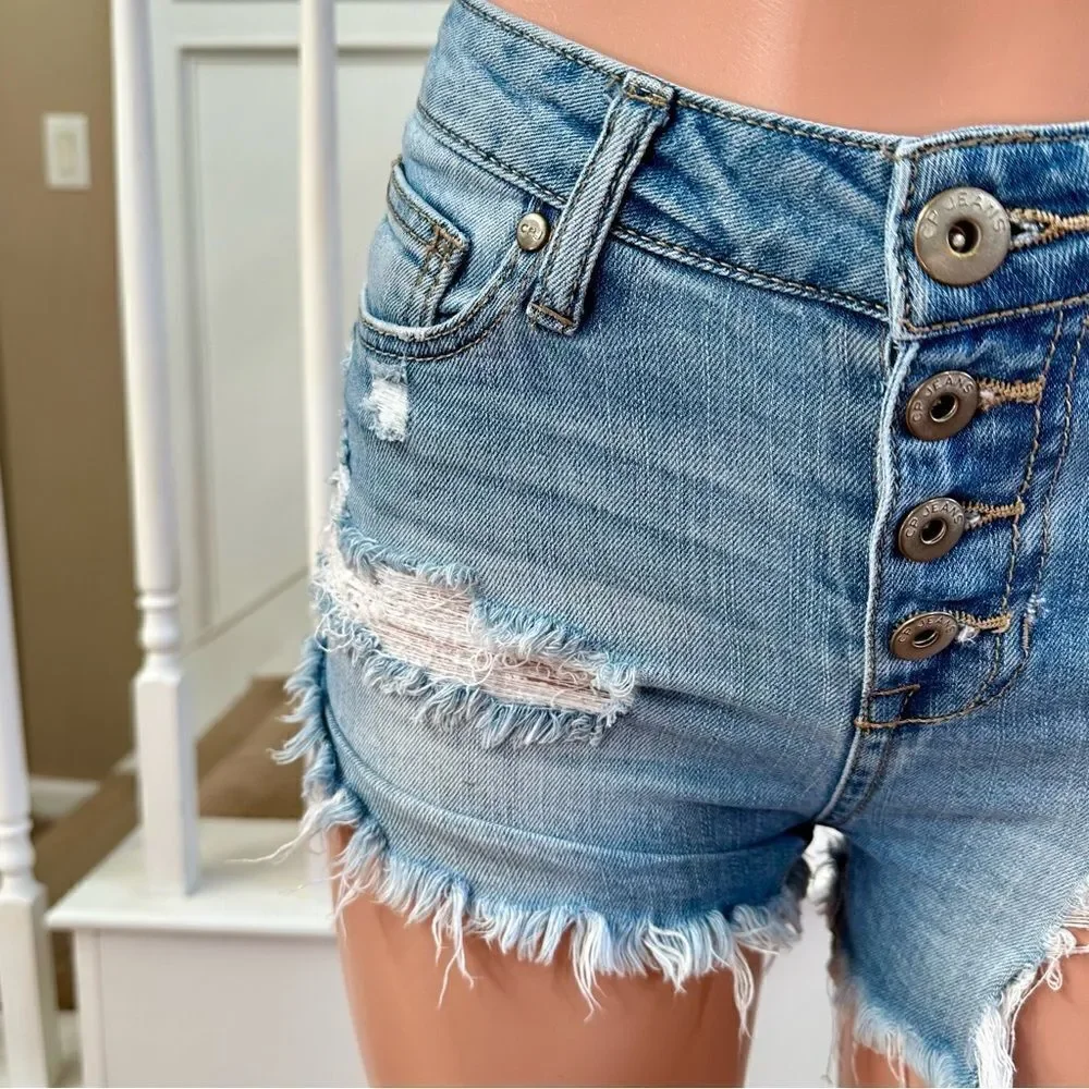 Buttonfly distressed high waist denim shorts